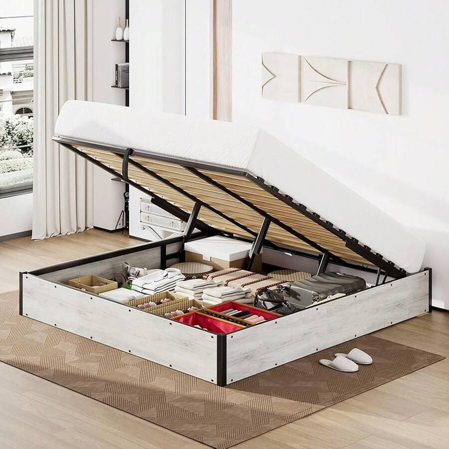 Full/Queen/King Size Lift Up Storage Platform Bed Frame, Metal Bed Frame With Wooden Slats Support And Large Storage Space, Noise Free Design, Easy Assembly Structure, No Box Spring Needed, Modern Bedroom Furniture, White Birch - Bạch Dương - Xem 1