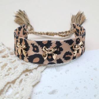 1 Stück verstellbares, handgefertigtes Armband mit Leoparden-Muster, Geflochtene Quasten, Mode Vintage Boho-Stil Accessoire, geeignet für Frauen Partys, Reisen, Alltag