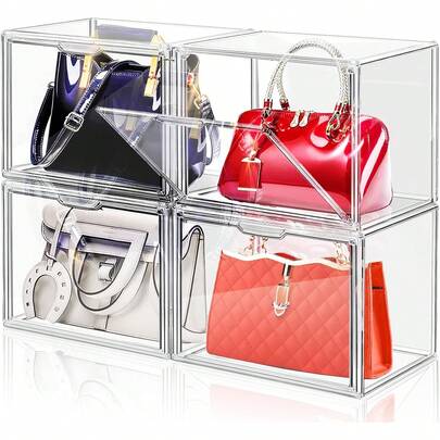 DILIBRA Juego de 4 Organizadores de Almacenamiento de Bolsos de Plástico para Clóset, Vitrina Acrílica para Cartera y Bolso, Cajas de Almacenamiento Apilables con Puerta Magnética para Embrague
