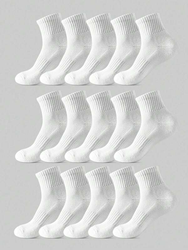 15 Pairs Men's Plain White Odor-Resistant, Breathable, Moisture-Wicking Mid-Calf Socks, Suitable For All Seasons, Daily Wear And Sports