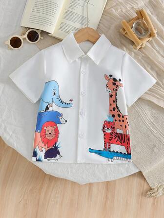 幼儿男童卡通动物图案休闲短袖衬衫 - 儿童夏季透气舒适上衣