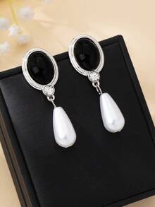 1對歐美風格復古黑色仿珍珠水滴吊墜耳環,簡約百搭,女性日常佩戴耳釘 - 彩色 - 查看 9