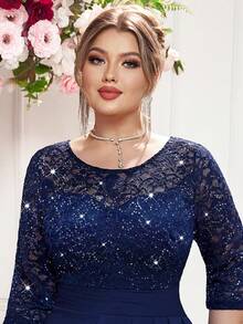 亮片花卉蕾丝撞色荷叶边裹身下摆晚会商务工作紧身连衣裙，优雅半正式婚礼宾客礼服，适合生日、毕业典礼、晚宴、返校节、鸡尾酒会 - 藏蓝色 - 查看 9