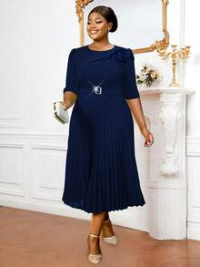 Plus Size Easter Crewneck Half Sleeve 3D Flower Buckle Pleated A-Line Work Elegant Dresses For Birthday, Wedding Guest, Graduation, Dinner, Homecoming - 藏藍 - 查看 5