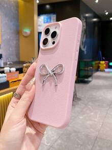 1 pieza Funda de teléfono de piel sintética PU con lazo 3D, compatible con iPhone 17/17 Air/17 Pro/17 Pro Max/16/16 Pro/16 Plus/16 Pro Max 16 15 14 13 12 Pro Max Plus 11, textura de piel de litchi gris minimalista suave para chicas - Rosa - Ver 6
