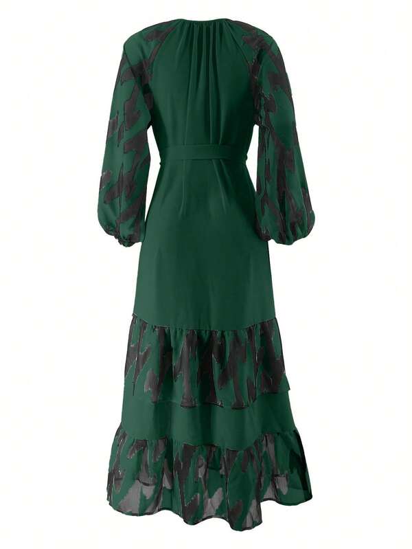 Women's Middle Eastern Inspired Long Sleeve Maxi Dress - Beige And Black Contrast Print With Puff Sleeves & Adjustable Belt, Machine Washable Traditional Outfit For Casual Or Formal Occasions