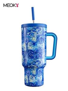 40oz Handled Straw Vacuum Insulated Water Bottle, Stainless Steel Insulated Travel Mug, 100% Leak Proof, Keeps Cold For 34 Hours (Van Gogh) - Blue - View 2