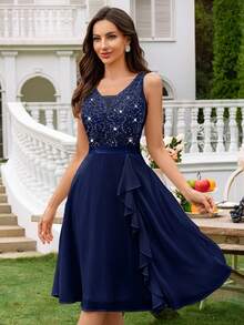 MIUSOL Deep V-Neck Sequin Lace Ruffle Trim Chiffon Prom Party Swing Dress Wedding Guest Dress - Navy Blue - View 7