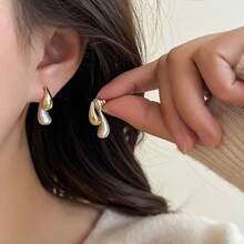 Pendientes de botón con colgante en forma de lágrima de dos tonos para mujeres, pendientes colgantes ovalados de bola ligeros y gruesos, regalos de joyería - Lágrima - Ver 2