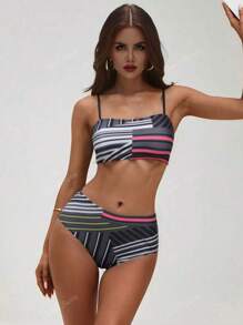 Maillot de bain imprimé fendu avec col ras-du-cou pour femme, adapté pour les vacances et les fêtes