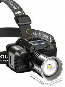 HIKEGUYS 可充电头灯，高流明超亮 LED 可充电头灯，可变焦和 5 种模式，防水头灯带头带，适用于户外露营、徒步旅行、露营必需品、工作（黑色），露营配件