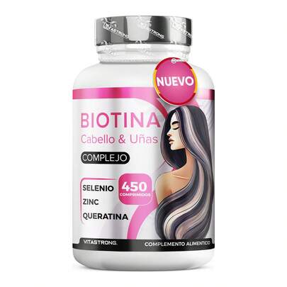 Vitastrong Biotina para el cabello en dosis alta – 450 comprimidos (15 meses) con queratina, selenio, zinc, cobre, bambú y vitaminas para el cabello y las uñas.