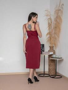 V761 Tailored Midi Dress With Straps - Burgundy - View 2