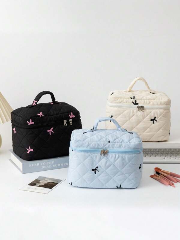 1 Piece Of Embroidered Bow Ladies Hand-Held Cosmetic Bag, Multi-Functional Fluffy Cosmetic Bag, Skin Care Bag, Toiletries Bag Storage Bag