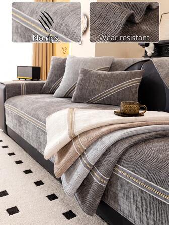1pc Multi-Season Slip-Resistant & Washable Sofa Cover Pad, Modern Minimalist Design For Bedroom/Office/Living Room Couch, Dust-Proof & Pet-Friendly, Adjustable For L-Shaped & 1/2/3/4 Seat Sofas, Soft & Colorfast Grey