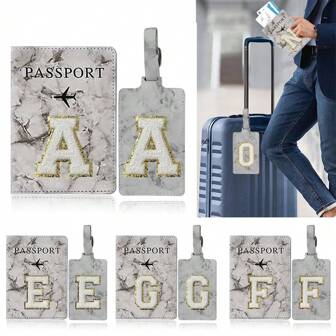 女士男士 PU 皮革行李牌简约首字母护照夹套装护照保护套护照套行李箱姓名 ID 地址夹标签行李登机袋旅行便携式信用卡夹最佳礼物