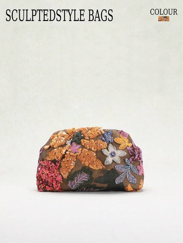 1 pieza Bolso de embrague con parte inferior de lino, bordado con patrón de flor de lentejuelas coloridas, volante de nube de malla SCULPTEDSTYLE BAGS, bolso de fiesta brillante para uso casual, de fiesta y vacaciones (patrón de flor aleatorio)
