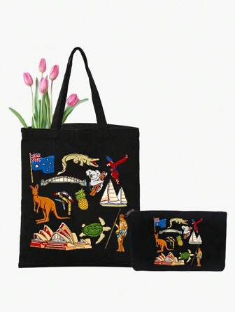 趣味印花单肩帆布手提包和化妆包套装，澳大利亚小动物系列印花包，澳大利亚主标题轻便化妆包，带有充满活力的澳大利亚插画，可爱的女士礼物，古怪的礼物，有趣的女性礼物