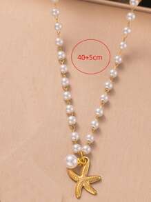 1pc Casual 18K Gold Stainless Steel High Protection Color Faux Pearl Starfish Pendant Necklace, Suitable For Women Beach Holiday Wear, Waterproof Jewelry Accessory Gift, No Gift Box (USA)
