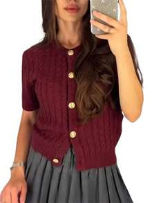 Women's Cable Knit Cardigan Solid Color Round Neck Short Sleeve Button-Front Closure Crop Sweaters - Burgundy - View 2