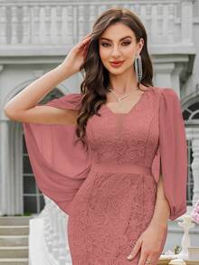 MIUSOL Deep V-Neck Full Floral Lace Mermaid Hem Formal Party Maxi Dress, Elegant Party Dress For Women, Formal Evening Gown, Wedding Dress, Bride - Dusty Pink - View 9