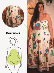 Truni Plus Size Women Digital Printed Patchwork Dress With Adjustable Straps Bohemian Style A-Line Dress For Spring And Summer