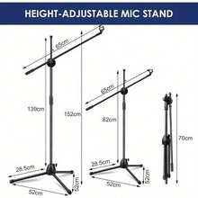 Microphone Stand With Telescopic Boom, 82-139cm Adjustable, Portable, Collapsible Studio Holder With Tripod Base, Mic Clip Adapter - 82-152cm Black - View 4