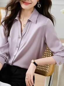 Camisa de mujer de manga larga de un solo pecho de unicolor y estilo sencillo para negocios