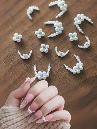 3/12 件新款法式珍珠和水钻指甲装饰，简约优雅珍珠水钻新月指甲宝石，适合夏季美甲设计和 DIY