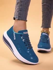 Women's Fashion Platform Wedge Shoes, Toning Rocker Bottom Sneakers, Casual Athletic Walking Shoes - Blue - View 3
