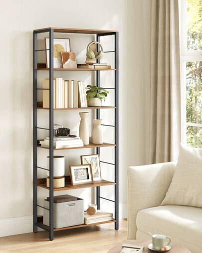 6-Tier Bookcase, Book Shelf, Bookshelf, 30 X 60 X 178 Cm, Shelving Unit, With Back Panels, Industrial, For Living Room, Study, Home Office, Rustic Brown And Ink Black