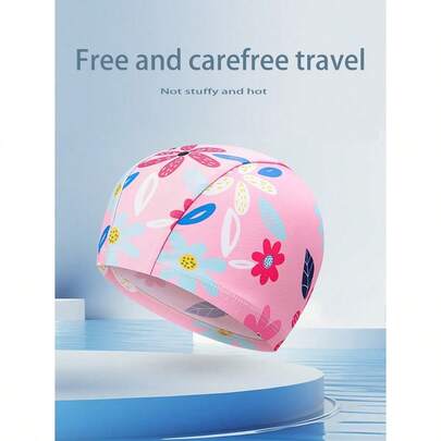 1 Mũ bơi họa tiết hoạt hình màu hồng thoải mái, co giãn, không bó sát, dành cho thanh thiếu niên, mũ vải bảo vệ tai cho tóc dài, mũ bơi