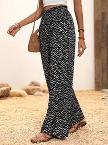 Pantalones anchos de pierna recta de cintura alta con lunares, cintura ajustada, pantalones casuales de pierna ancha estilizantes