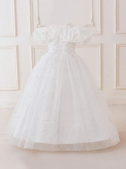 Váy dự tiệc hở vai xếp ly màu hồng thêu hoa cho bé gái tuổi teen, thanh lịch cho tiệc sinh nhật, đám cưới, tốt nghiệp và dạ hội