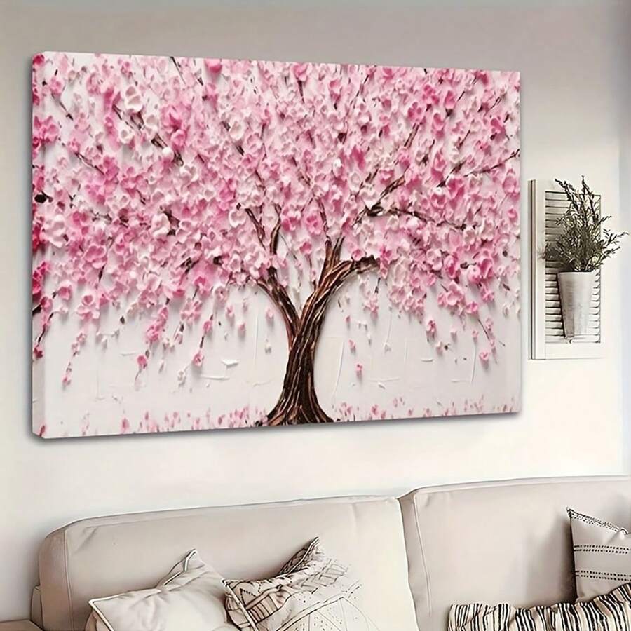 1pc Vintage Art Aesthetic Canvas Wrapping Wooden Poster, Modern Abstract Wall Cherry Blossom Tree Print Pink Peach Landscape For Weird Home Decor, Bedroom Room Farmhouse Funky Living Perfect Gift Men And Women - Hồng - Xem 1