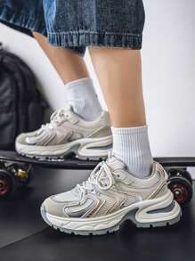 New Casual Versatile Men's Chunky Sneakers, Retro Patchwork Design, Lace-Up Low-Top Breathable Lightweight Outdoor Sports Shoes, Suitable For All Seasons