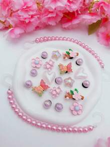 20pcs/Set Cute Pink (Flower, Butterfly, Heart, Crystal Bear, Star) ABS Resin Charm Accessories, Pink Beaded Chain, Fit For Women Sandals, Slippers, Hollow Shoes, Suitable For Festival Party, Perfect Gift