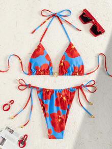 2件套花卉印花百合性感可爱露背系带抹胸女士泳装比基尼海滩度假舞台和音乐会夏季装 - 彩色 - 查看 3