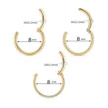 Set de 3 aros para la nariz de acero inoxidable hipoalergénico con bisagras y circonita cúbica, anillo segmentado de 16G para septum, nostril, labio, anillos de cartílago 18K chapados en oro de 8 mm y 10 mm para oreja, aretes de pabellón, concha, hebilla para el ombligo y piercing de pezón, joyería corporal unisex