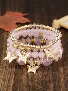 4pcs/Set Bohemian Elegant Delicate Butterfly Charm Beaded Bracelet Set, Suitable For Women's Daily Decoration