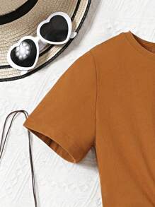 2 peças/Conjunto Top de Manga Curta com Estampa de Amor para Meninas e Adolescentes Uso Casual Diário + Shorts com Estampa Listrada com Cinto Listrado Aleatório
