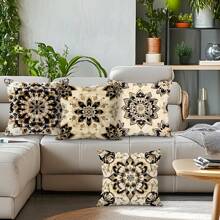 4pcs Mandala Print Decorative Cushion Cover Set, Single-Sided Printed Pillow Protector 45*45cm, Peach Velvet