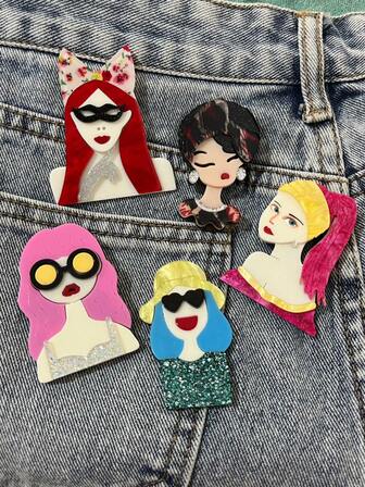 1pc Fashionable Girl Acrylic Brooch, Handmade Collage Of Girl Wearing Sunglasses, Decorative Accessory Pin For Clothes, Bags