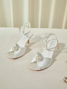 女士6厘米白色珍珠露趾镂空高跟凉鞋，中跟，大码优雅新娘礼服鞋，细高跟，中高跟，优雅白色高跟凉鞋，适合搭配婚纱，情人节圣诞节冬季圣诞礼物 - 米色 - 查看 3