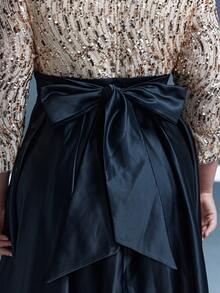Mgiacy New Arrival High Collar Sequin Elegant Plus Size Evening Dress, Bow Tie, 3/4 Sleeve, Satin, A-Line Skirt, Suitable For Formal Dinner - Black - View 9