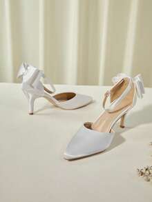 Spring/Autumn White Satin Bow Pointy Toe T-Strap High Heel Shoes For Women Valentines Winter Gifts - White - View 1