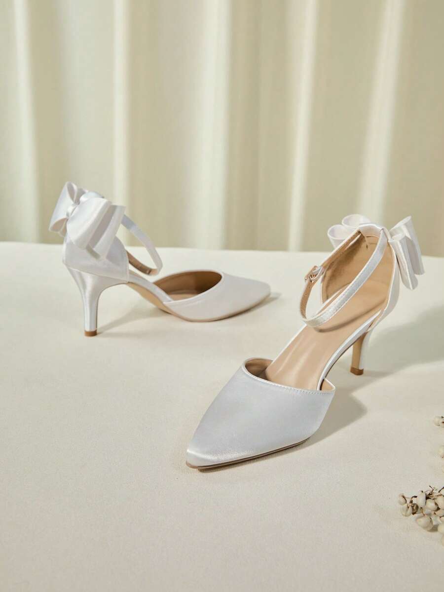 Spring/Autumn White Satin Bow Pointy Toe T-Strap High Heel Shoes For Women Valentines Winter Gifts - White - View 1