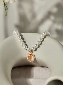 1pc Minimalist Design Elegant Faux Pearl Rhinestone Cat Eye Bead Chain Necklace, Versatile For Women Daily Wear, Formal Event, Gift Idea For Girlfriend, Best Friend, Birthday Christmas Winter Christmas Gifts