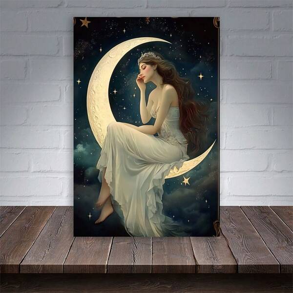1 Pc Half Moon Fantasy Art Star Wood Frame Canvas Painting, High Quality Wall Painting Print Poster, Home Decorations, Living Room, Bathroom, Bedroom, Kitchen, Frameless