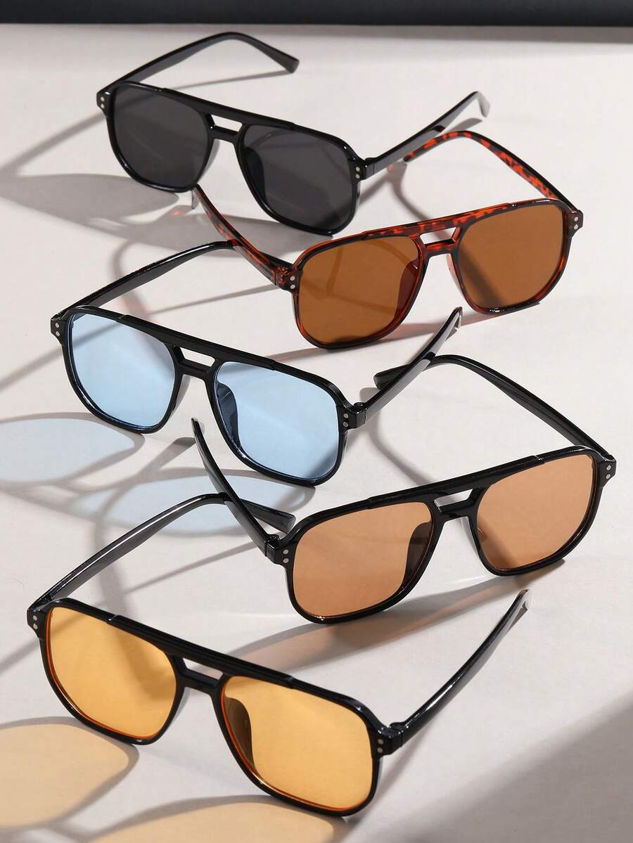 Set de 5 gafas de moda cuadradas con doble puente y tachuelas para mujeres, en naranja, negro y amarillo - 5 piezas (multicolor) - Ver 1